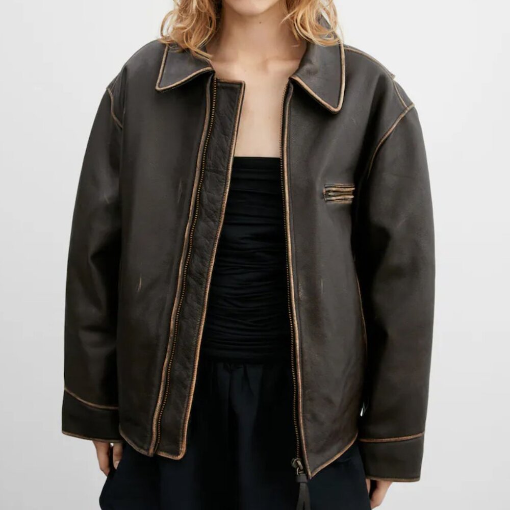 Mango Oversized Worn-Effect Leather Jacket M
